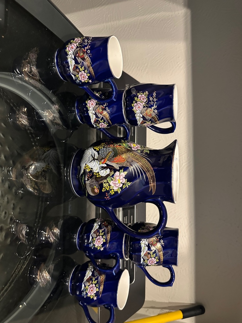 Deep Blue Floral & Bird Ceramic Pitcher and Mug Set